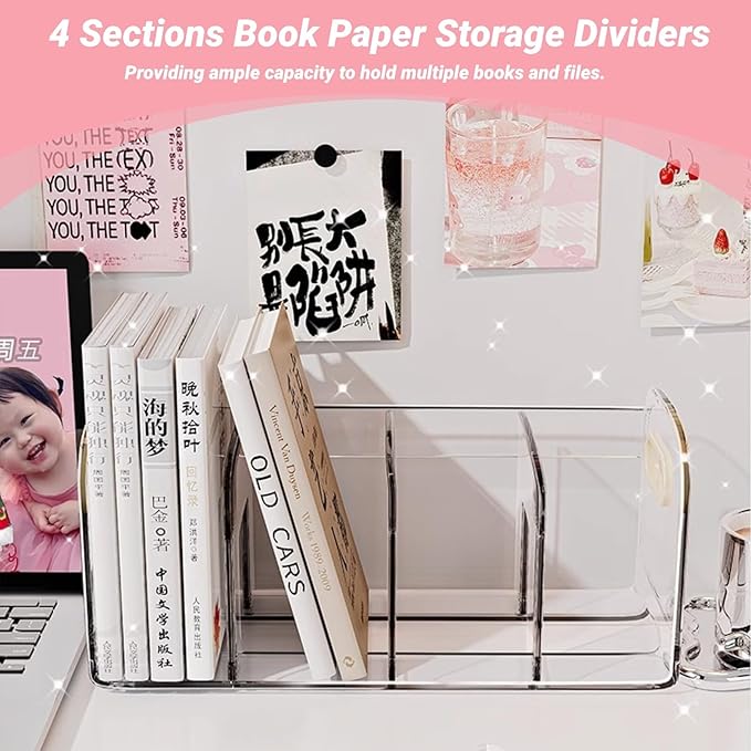 Cyrank Transparent Acrylic File Organizer for Desk, 4 Sections Book Paper Storage Dividers with Side Handle Envelope Vertical File Stand (#1)