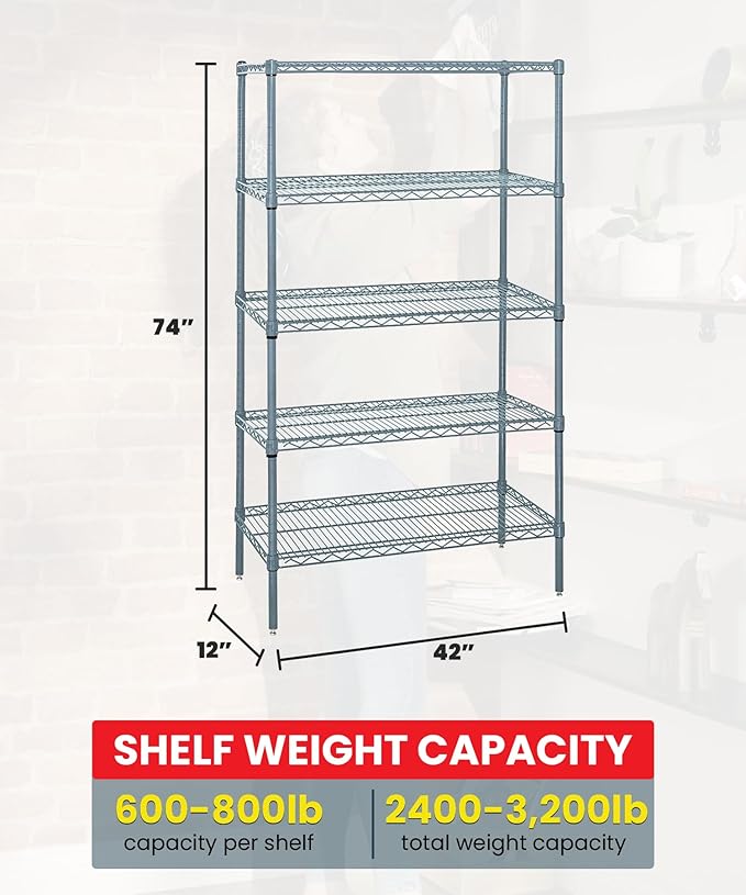 Quantum Storage Systems WR74-1242GY-5 Wire Shelving 5 Shelf Starter Units, 12" x 42" x 74", Gray Epoxy
