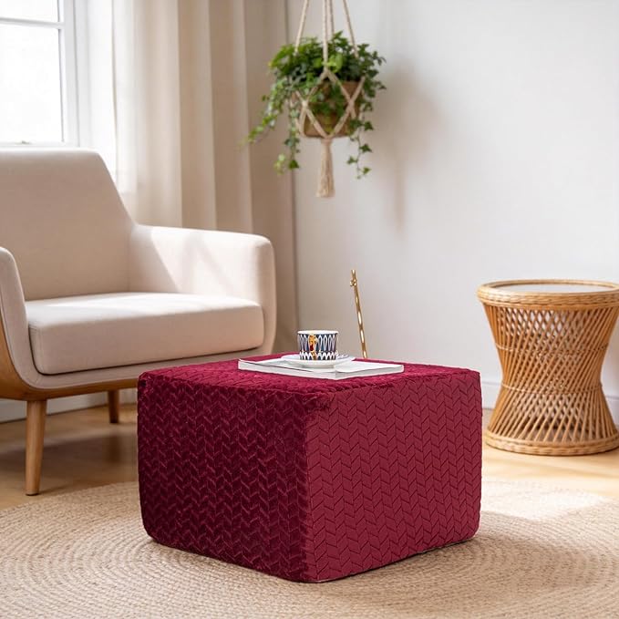 Furry Square Pouf Ottoman – 20"x14" One-Piece Seamless Integral Foam Foot Stool Ottoman Foot Rest Living Room Bedroom Under Desk (Redwine)