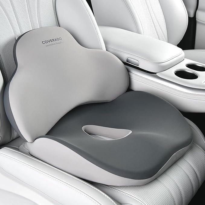 Coverado Seat Cushion and Lumbar Support Pillow for Car Office Chair, Ergonomic Memory Foam Desk Chair Cushion Back Support Pillow, Sciatica & Back & Tailbone Pain Relief Cushion-Black&Gray