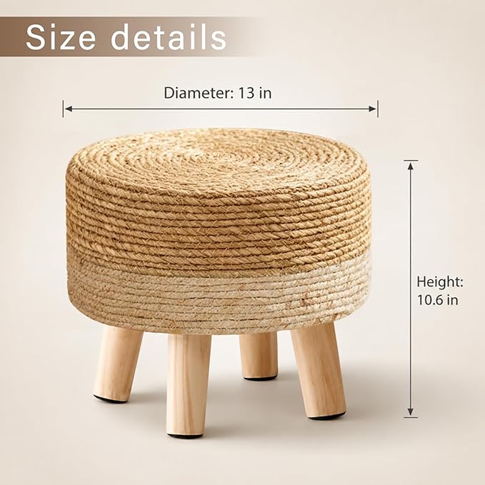 Wimarsbon Round Foot Stool Natural Seagrass Poufs Ottoman Hand Weave Footrest Stool for Couch Desk Extra Seat Step Stool with Solid Wood Legs for Hallway Patio Lounge White