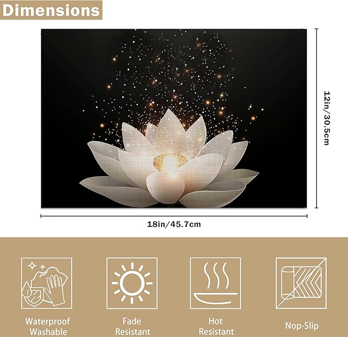 Placemats Set of 6, Lotus Flower Linen Placemats 12x18 Inch, Heat Resistant Table Mats, Washable Non Slip Place Mats for Dining Table Kitchen Home