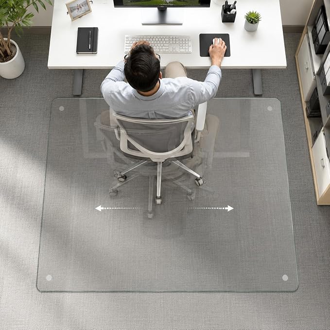 46 x 55 Inch Glass Chair Mat, 1/5 Inch Thick Tempered Glass Office Chair Mat for Carpet and Hardwood Floors, Heavy Duty Clear Floor Protector with Polished Edges and 8 Non-Slip Pads