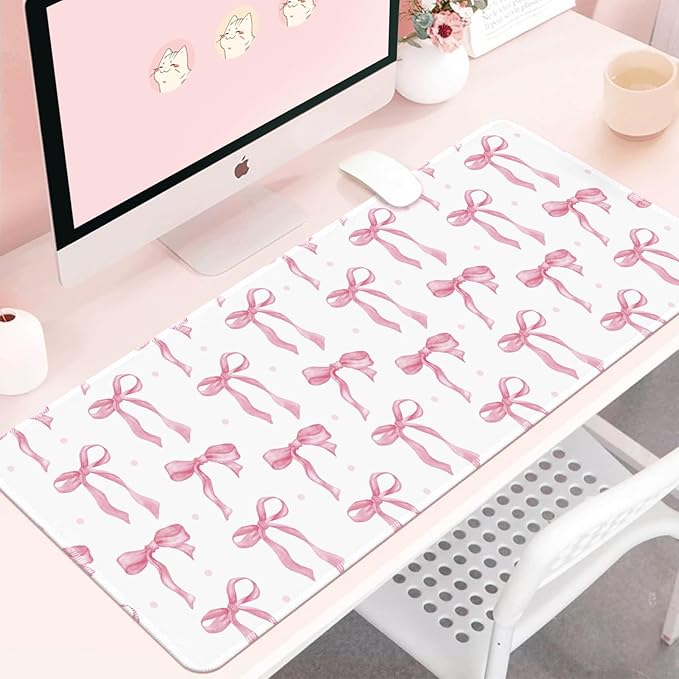 White Mouse Pad with Pink Bows, Cute Desk Mat Pink Keyboard Mat for Computer Laptop Non-Slip Rubber Base, Large Office Mat Kawaii Desktop Décor Accessories Office Supplies for Girls Women 31.5 x 11.8