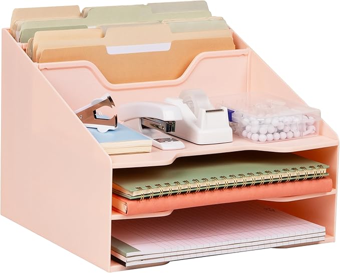 Mind Reader Desktop Organizer, Vertical File Holder, Paper Trays, Office, Plastic, Pink