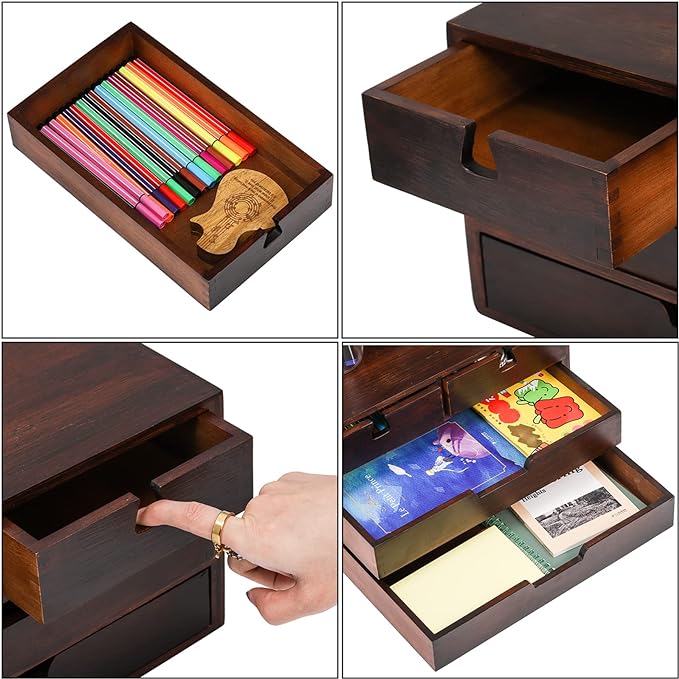 DEAYOU Bamboo Desk Organizer, 100% Natural Bamboo Desktop Drawer Organizer, Dark Brown Tabletop Storage Cabinet Organization Box with 4 Drawer for Makeup, Letter, Home, 3 Layer, Fully Assemble