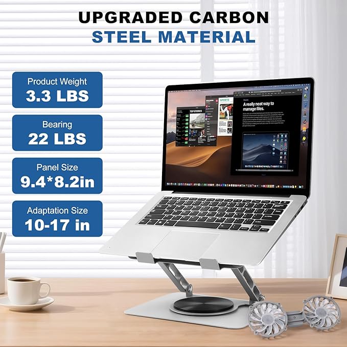 Laptop Cooling Pad with Detachable Fan & Cooler,Adjustable Height & Angle,360 Rotation Base, Ergonomic Carbon Steel Laptop Cooling Pad for MacBook,Dell 10-17.3” Laptop for Tablet(Silver)