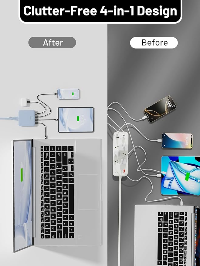 USB C Charging Station 67W, 4-Port Slim USB C Charger Block for iPhone 17/16/15, MacBook Air/Pro with 5ft Extension Cord, 3 USBC, 1 USB-A, Fast Charging Desktop Charger for Home Office Travel, Blue