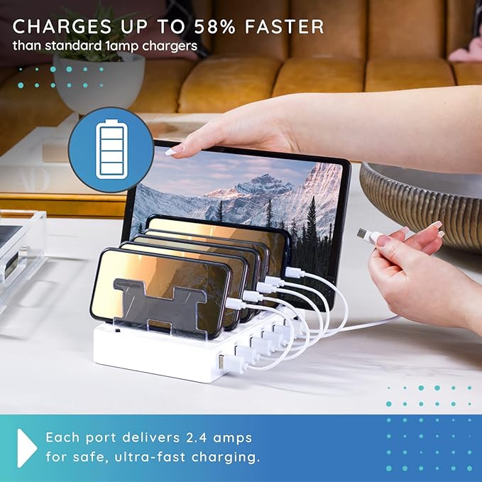 Charging Station for Multiple Devices – 6-Port USB Charging Dock for Apple & Android – Fast Multi-Charger Organizer for Phones, Tablets & More (White)