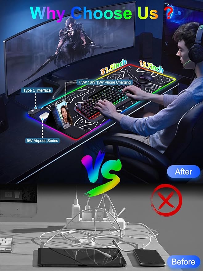 XXL Mouse Pad with Phone Holder - Black, RGB Desk Mat with 15W Fast Charging, LED Gaming Mousepad with 11 Light Colors, Waterproof Non-Slip Pad for Office & Home (Topographic)