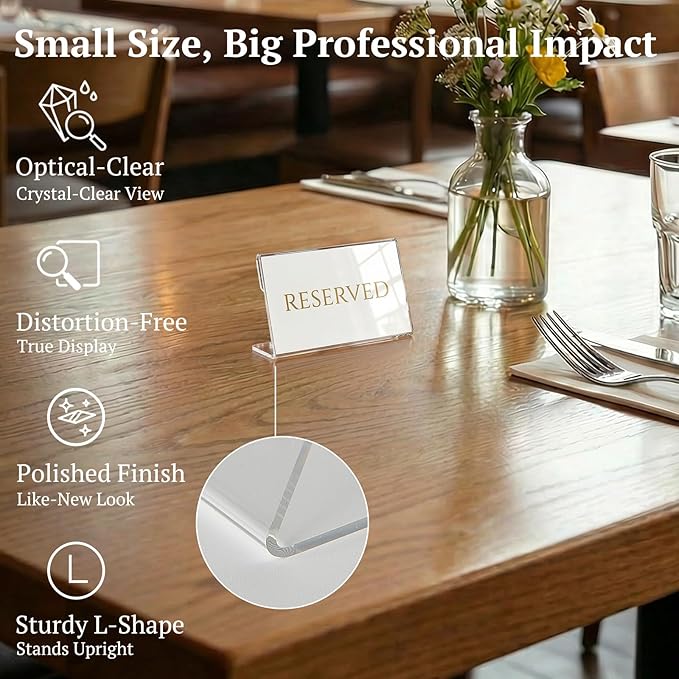 EHWINE 60 Pack Clear Acrylic Sign Holders, 3.5 x 2 Inch Slanted L-Shaped Name Tag & Price Label Display Stand for Restaurant Table, Retail Shelf, Office Desk, Trade Show