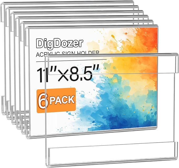 6 Pcs Acrylic Sign Holder 11 x 8.5, Horizontal Wall Mount Sign Holders with Adhesive, Clear Plastic Frames Paper Display Sign Holders for Office, Home, Store, Restaurant - No Drilling