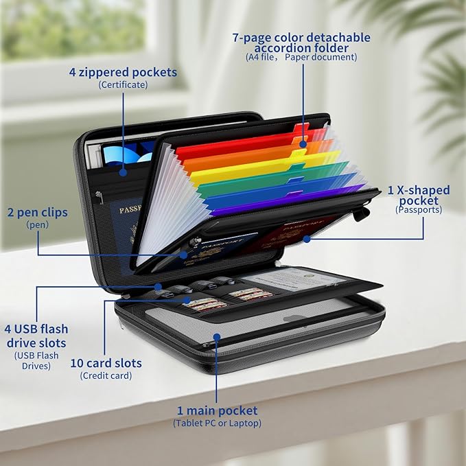 Tamfile Fireproof Document Box with Handle, Hard Case File Organizer with 7-Pocket Accordion Colour File Folder, Portable Safe Storage for Home Office Travel to Important Documents, Laptop, Black