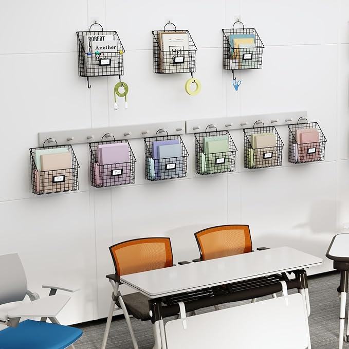 Yuzehuaza Hanging Wall File Holder Organizer Metal Wall Mount File Folders Holder Magazine Rack with Handles and Hooks , for Home Office, 4 Packs, Black (Patent Pending)
