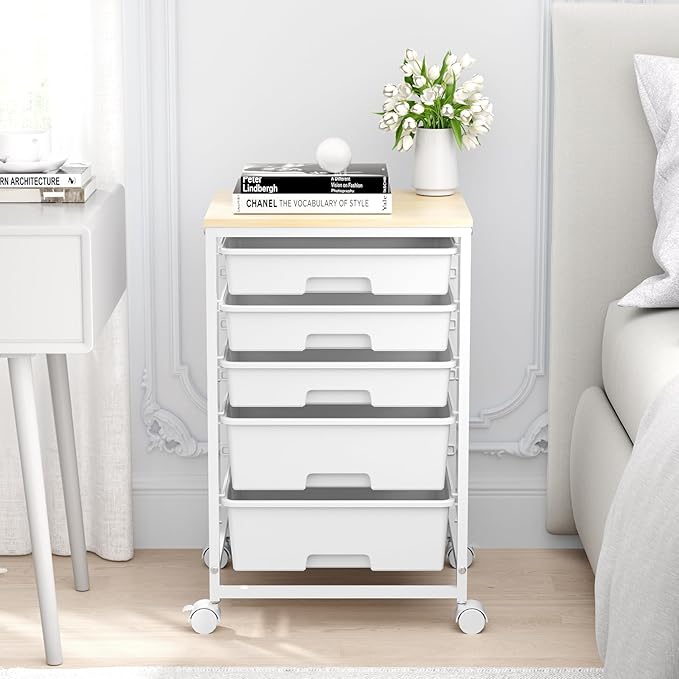 SYKIARIOL Utility Cart with 5 Drawers,Storage Drawer Cart with Wooden Tabletop and Lockable Wheels,Craft Storage Trolley Cart,5-Tier Rolling Utility Cart on Wheels,Bright White