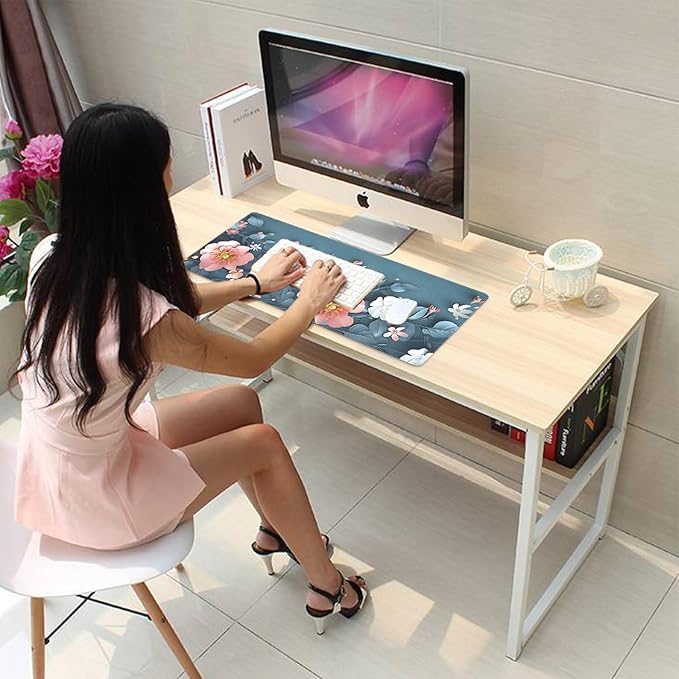 Blue Art Flowers Mouse Pad,Extended Abstract Floral Mousepad Desk Pad with Stitched Edges,Non-Slip Waterproof Rubber Base Mouse Mat for Office Computer Keyboard Laptop Home 27.5x11.8 in
