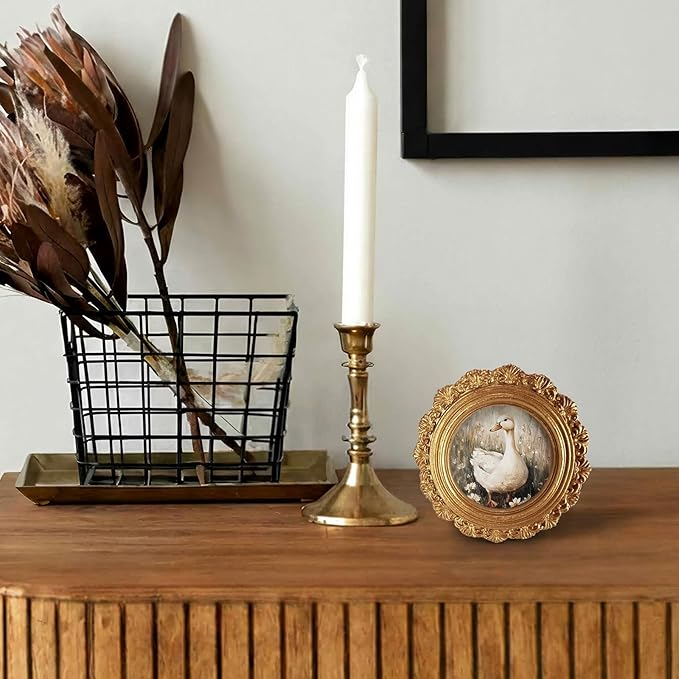 Farmhouse Duck Goose Round Picture Frame Wall Decor, Rustic Gold Mini Ornate Photo Frame for TableTop Desk 2.7in Photo,Vintage Framed Artwork for Walls Office Bedroom Cottage Shelf