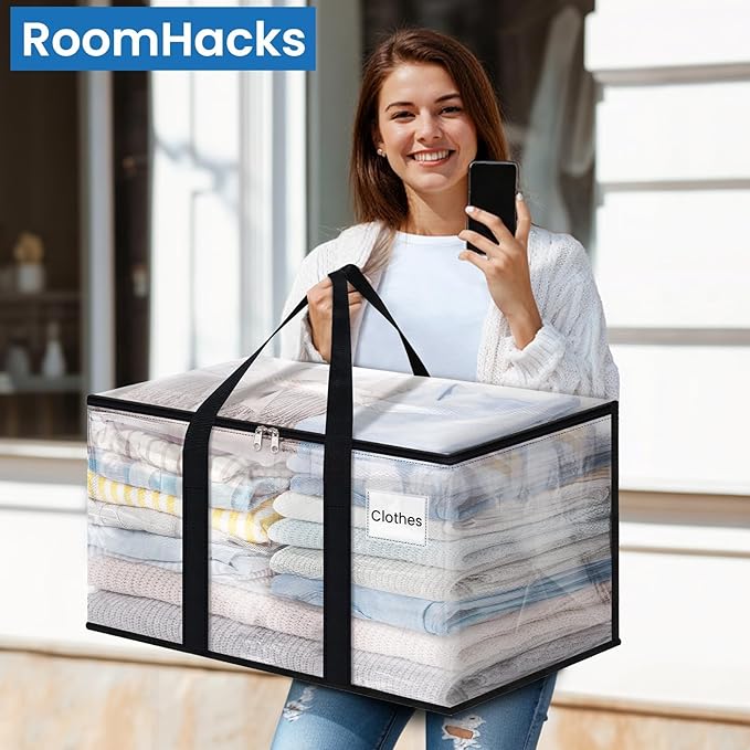 RoomHacks Clear Moving Bags Heavy Duty Extra Large, Moving Supplies with Reinforced Handle and Double Zipper, Storage Bags for Moving Essential, Packing Bags Alternative to Moving Box(4 Packs, Clear)