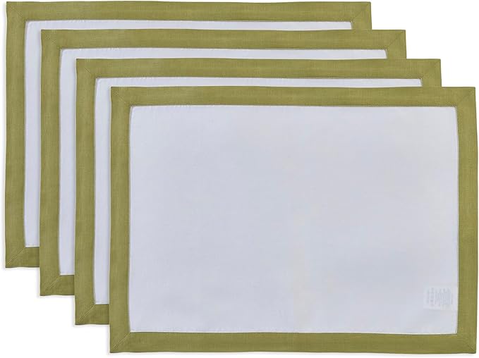 Solino Home Linen Placemats Set of 4 - Avocado and White Placemats 14 x 19 Inch - 100% Pure Linen Table Place Mats - Classic, Handcrafted and Machine Washable