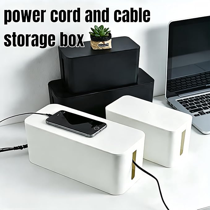 1Large+1Small Cable Organizer Set with 4 Silicone Cable Ties, 2-Piece Cable Management Box, Acrylic Lid Cord Organizer for Home Office,Set of Two Cable Box,Cable Organizer Box(Acryliclid/White)