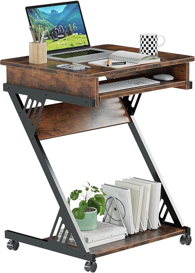 ALISENED Computer Desk for Small Spaces, 23.6" Z-Shaped Compact Study Table with Smooth Keyboard Tray with Wheels and Bottom Shelves for Home Office, Computer Cart Mobile Laptop Cart, Rustic Brown