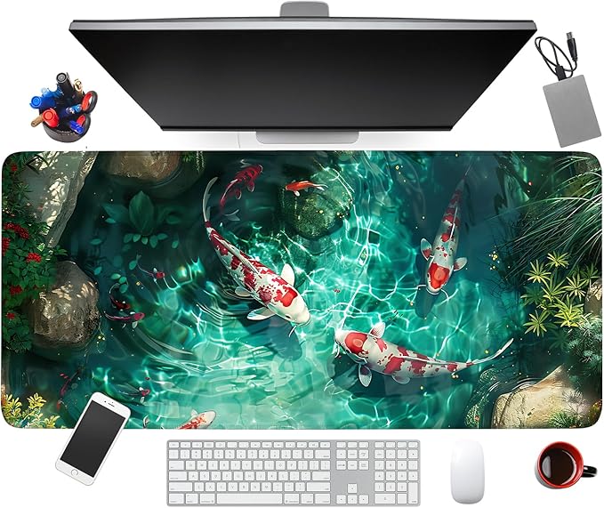 Large Mouse Pad Koi Fish Desk Mat, Extended Gaming Mouse Pad with Non-Slip Rubber Base, Thick 3mm Smooth Surface Keyboard Mat for Office & Home,35.43 x 15.75 in