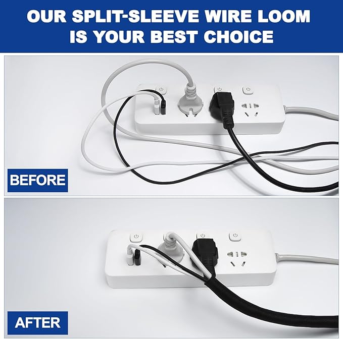 Split-Sleeve Wire Loom for High-Temperature Automotive Harness and Home Cable Management, 25ft - 3/8 inch Braided Cable Management Sleeve Cord Protector, Self-Wrapping Split Wire Loom