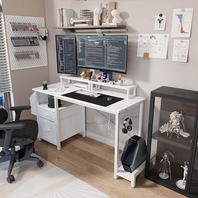 Modern Home Office Desk, Built-in Power Outlets, File Storage, Dual Monitor Stands, Shelves Ergonomic Design, Multi Functional for Work & Gaming (White + MDF+Metal + Modern)