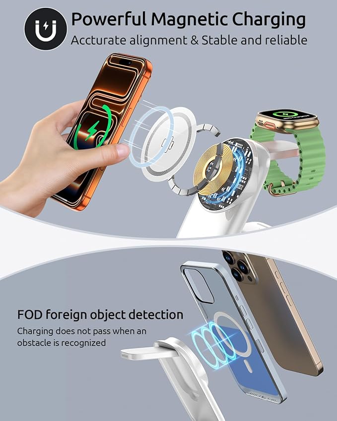 3-in-1 Wireless Charging Station for MagSafe,Foldable Magnetic Stand for iPhone 17/16/15-12 Series, Apple Watch/AirPods,15W Fast Wireless Charger - Ideal for Home/Office/Travel