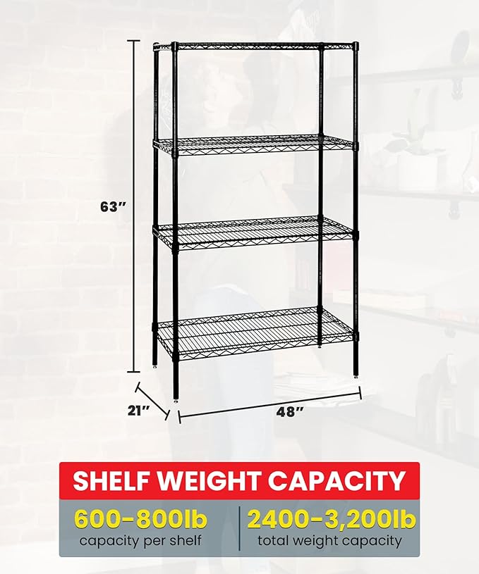 Quantum Storage Systems WR63-2148BK Wire Shelving Starter Kit, 48" W x 21" D x 63" H, 600 lbs Capacity, Carbon Steel, Epoxy Coated, Black, NSF