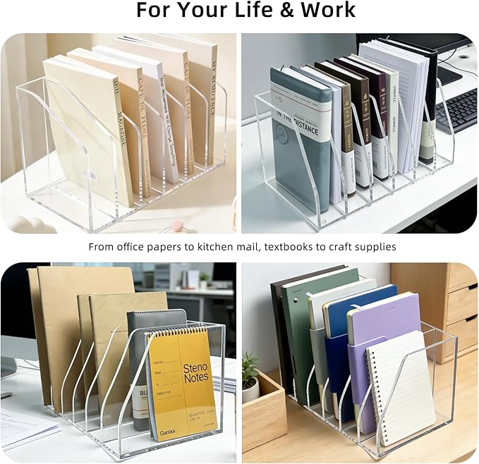 Acrylic Magazine File Holder, 6 Vertical Compartments Desk Document Sorter Organizer, Clear Folder Rack Binder for Office, Tablets, Magazines, Books – Home/Classroom Rack, 5mm Thick