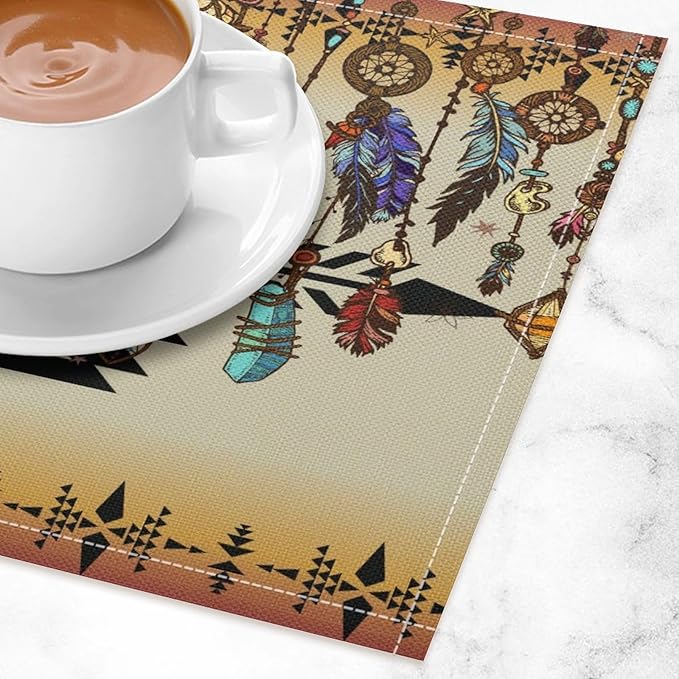 Vintage Aztec Southwest Placemats Ethnic Style Design Boho Geometric Pattern Linen Washable Table Mats Stain Heat-Resistant Desktop Decor Place Mats for Home Kitchen Dining Party 12x18 in 6 Pcs