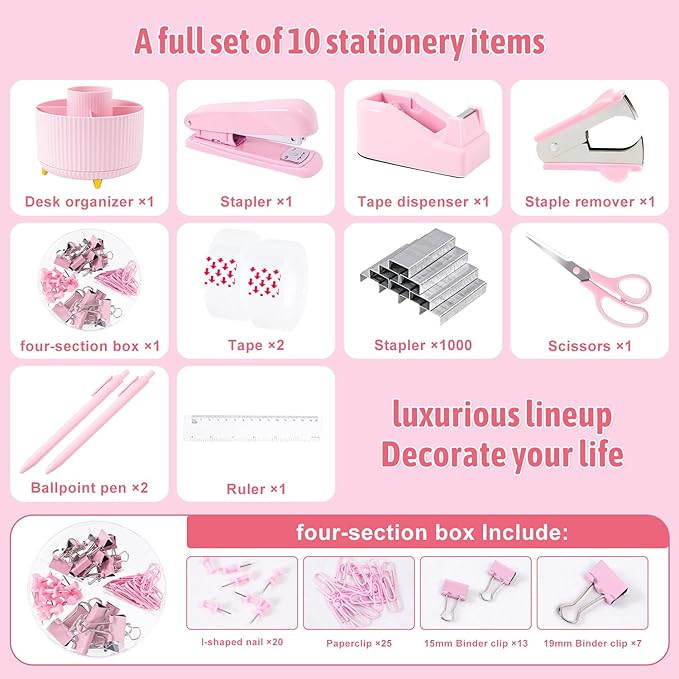 Pink Desk Accessories 12Pcs Set, Cute Office Supplies Decor for Women, 360° Rotating Pen Holder Organizer with Stapler, Tape Dispenser, Staple Remover, Staples, Tape, Clips Set, Ruler, Scissor, Pen