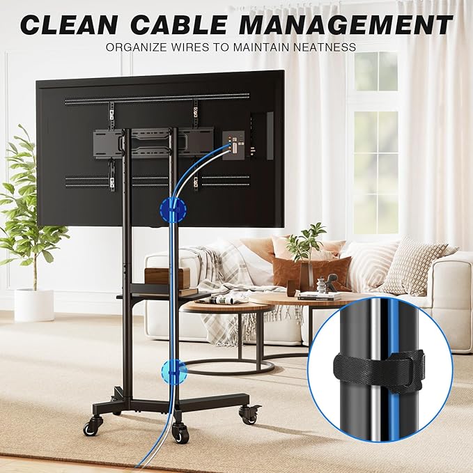 Rolling TV Stand with Shelf for 32-85 inch TVs up to 150lbs, Portable Mobile TV Cart with Silent Wheel, Height Adjustable Universal Corner TV Stand for Bedroom, Living Room, Office