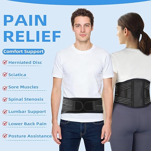 Back Brace for Lower Back Pain Relief - Adjustable Breathable Lumbar Support Belt with 6 Reinforced Steel Stays for Men & Women, Sciatica, Herniated Disc, Scoliosis & Muscle Support (Black, Medium)