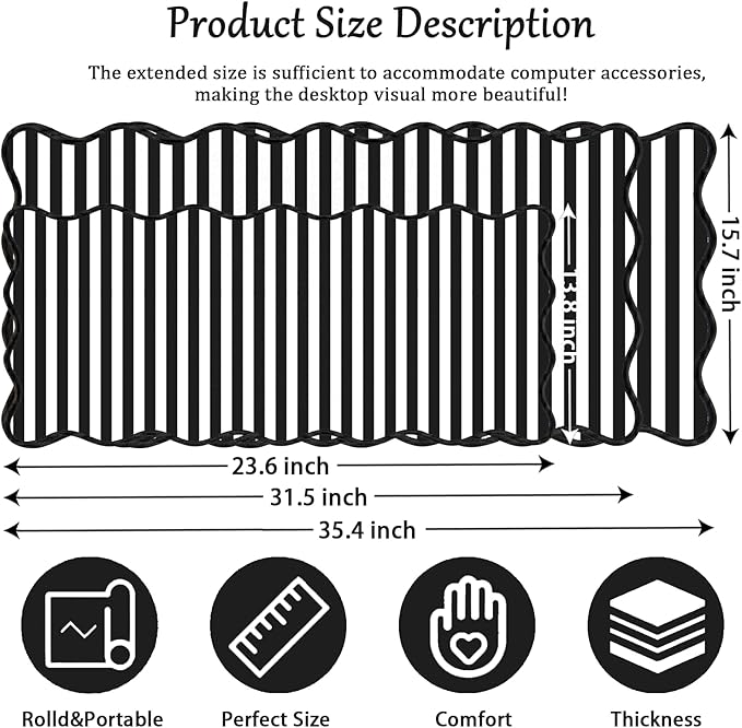 Scalloped Desk Mat Extended Large Cute Striped Mouse Pad Big Desk Pad XXL Aesthetic Stripe Mousepad Gaming Mouse Pad for Keyboard Computer Laptop Home Office Accessories 35.4X15.7Inches Black White