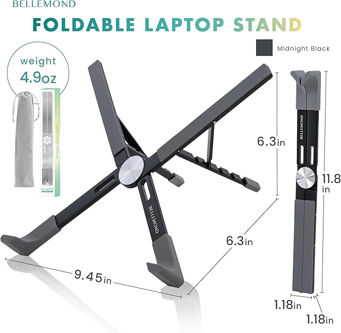 BELLEMOND Foldable Portable Laptop Stand | Ultralight Travel Riser | X-Frame Adjustable Aluminum | Fits MacBook, Dell, HP, Lenovo 10-17.3" | Carry Pouch | Midnight Black
