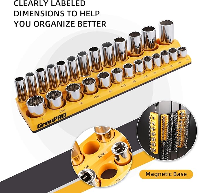 GRENPRO Socket Organizer for Tool Box Drawer, 6pc 143 Metric & SAE Magnetic Socket Holder, 1/4", 3/8", 1/2" Drive Socket Tray Set, Magnetic Socket Organizer