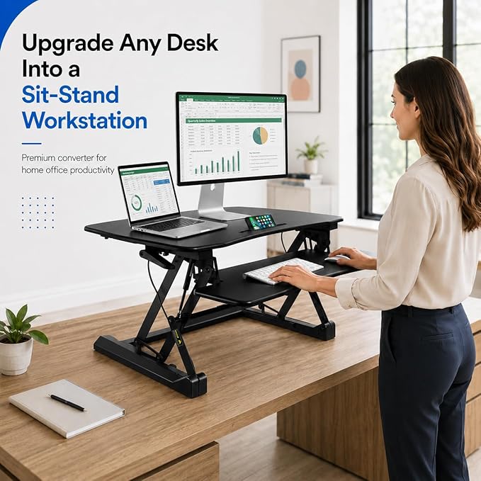 Mount-It! 35.5" Standing Desk Converter with Keyboard Tray – Adjustable Sit Stand Desk Riser for Dual Monitors – Dual Gas Spring Height Adjustable Desktop Workstation Topper – Black