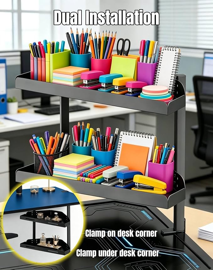 Yuxh Clamp Desk Corner Shelf 16 inch Cilp Under Table Corner Organizer, Black, M