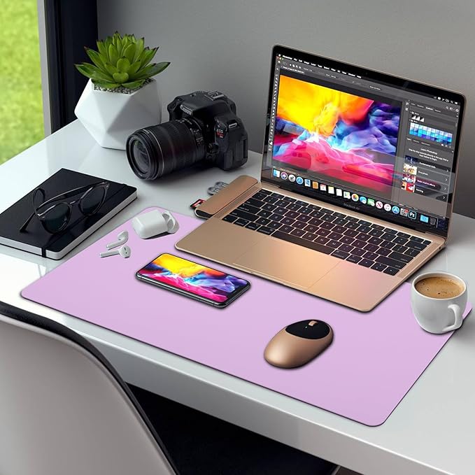 Large Leather Desk Pad Protector 27.5"x13.7",Non-Slip Durable Office Desk Mat for Writing, Computer, Laptop, Mouse Pad & Desktop Use,Desk Protector Mat,Light Purple