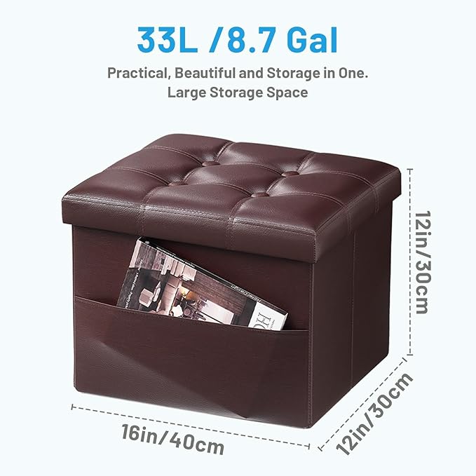 Bsketa Storage Ottoman Foot Rest Stool, Small Leather Storage Ottomans Bench, Folding Footstool with Side Pockets, Foot Rest Under Desk for Living Room Bedroom, 16x12x12 in, Brown