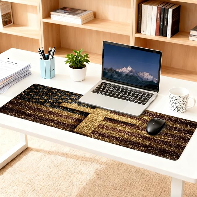 Large Mouse Pad Glod Jesus Cross Flag Non-Slip Rubber Long Gaming Desk Mat Big Computer Keyboard Mousepad Waterproof Protector Wristing Pad for Gaming Office Home Decorative 31.5 X 11.8 Inch