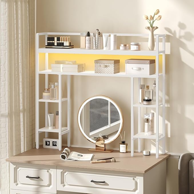 MAHANCRIS Desk Shelf, 43.3" Desk Hutch with Light Strip, Office Desktop Organizer, 5 Tier Desktop Bookshelf for Computer Monitor, Storage Rack for Study, Home Office, White DSWT9801