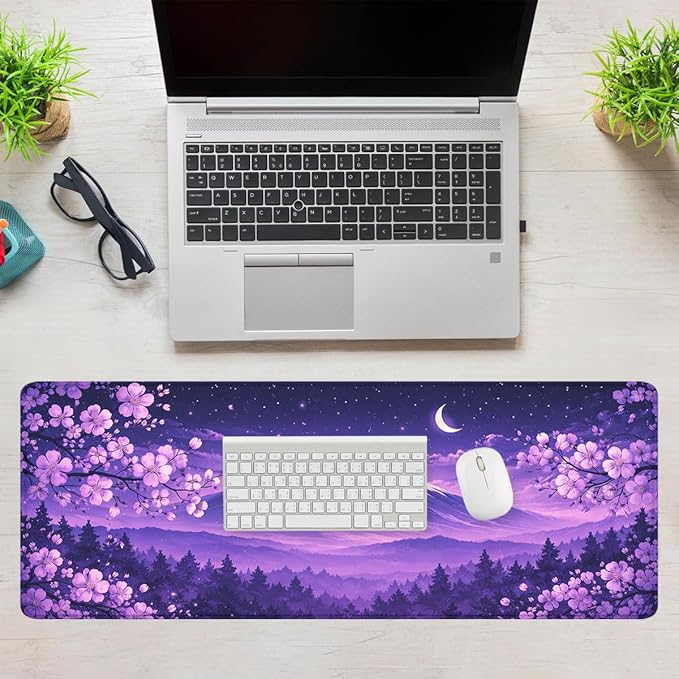 Cherry Blossoms Mouse Pad Mount Fuji Purple Sky Extended Mousepad Waterproof Stitched Edges Rubber Base Non-Slip Deskmap Computer Keyboard Mat 31.5x11.8 Inch