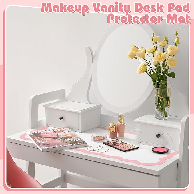 Teenyyou Makeup Mat for Vanity Protect Scalloped Makeup Mat 31.5 x 15.8'' Vanity Cover Top 2026 Graduation Gifts Dual-sided Dressing Table Pad Waterproof Mouse Pads for Dormitory Desktop(Pink Edge)