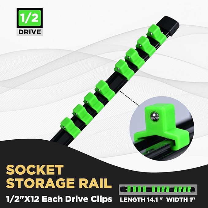 1/2-Inch Drive Heavy Duty Socket Holder Kit ABS, Socket Rail 12 Clips Green, 2 Pieces