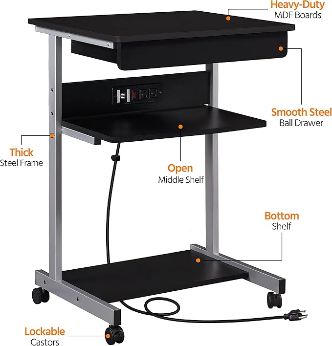 Topeakmart Mobile Laptop Desk Compact Computer Table on Wheels with Power Outlet and USB Ports, Home Office Writing Desk with Charging Station and Printer Shelf Small Desk 22in for Space Saving, Black