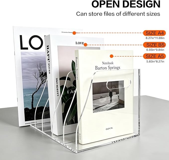 Acrylic Magazine File Holder, 5 Vertical Compartments Desk Document Sorter Organizer, Clear Bookend File Sorter Holder for Office, Documents, Tablets, Magazines, Books