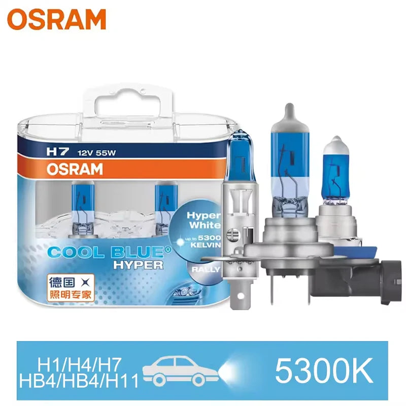 H7 H4 H1 H11 HB3 9005 HB4 9006 Halogen Headlight Car Light Hi/Lo Beam 5300K 12V 55W Cool Blue Hyper White Bulb(2 Pieces)
